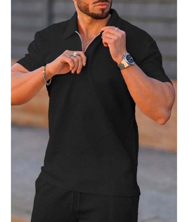 Geometric Jacquard Textured Polo Collar T-shirt And Shorts Sports Set