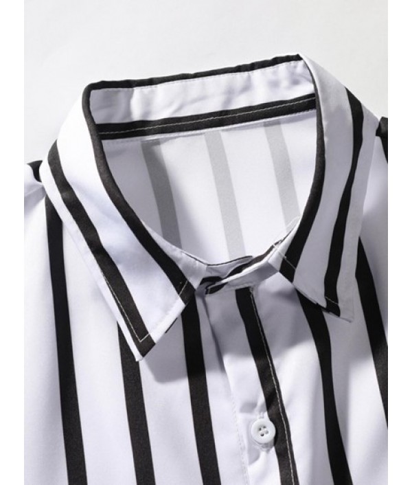 Striped Short Sleeves Shirt And Drawstring Shorts Set