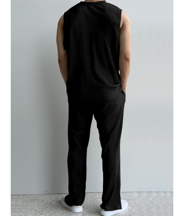 Men's Casual Basic Two Piece Set Solid Color Crew Neck Ribbed Textured Plain Tank Top Sleeveless T Shirt Drawstring Pants Set