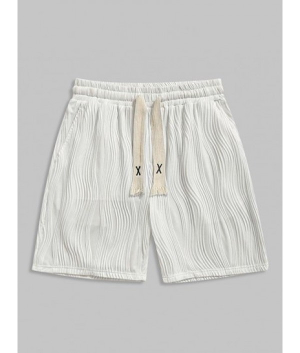 Men's Solid Color Water Ripple Jacquard Button Front Short Sleeves Shirt And Textured Knitted Sports Casual Shorts Set