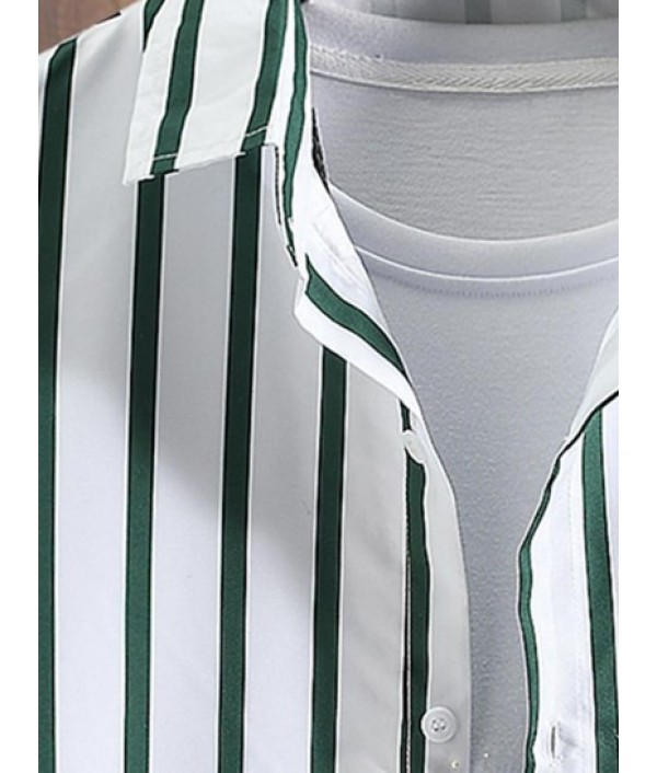 Button Up Striped Shirt And Label Design Drawstring Shorts Set