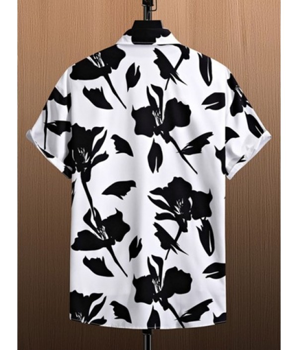 Men's Summer Beach Monochrome Floral Print Button Up Short Sleeve Shirt And Solid Color Basic Casual Bermuda Shorts Vacation Set Men's Summer Beach Monochrome Floral Print Button Up Short Sleeve Shirt And Solid Color Basic Casual Bermuda Shorts Vacation Set