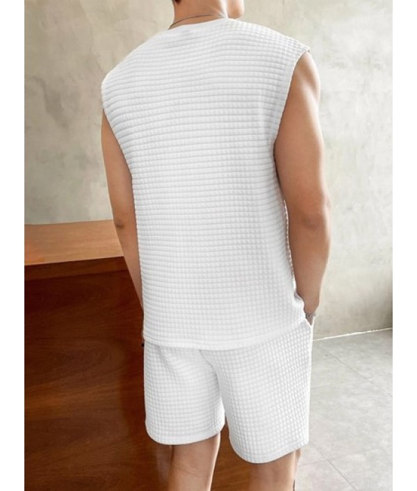 Solid Color Textured Tank Top And Shorts Sports Set