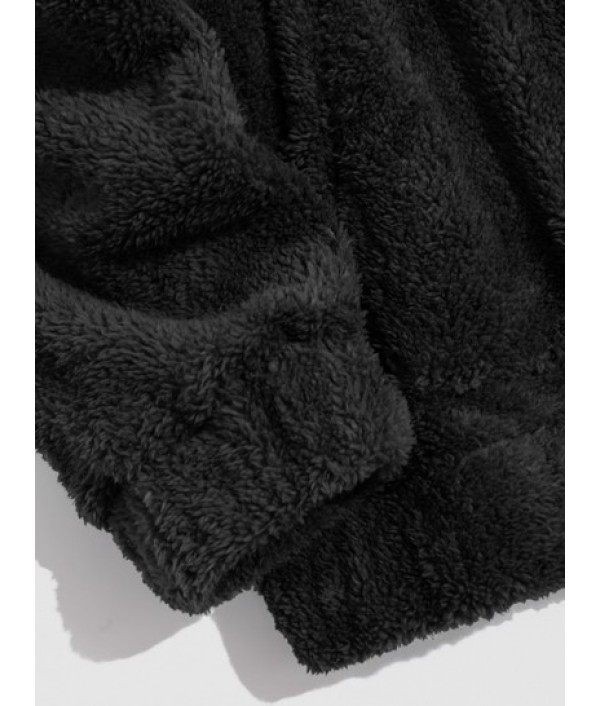 Solid Front Pocket Fluffy Fleece Hoodie And Pants Two Piece Set