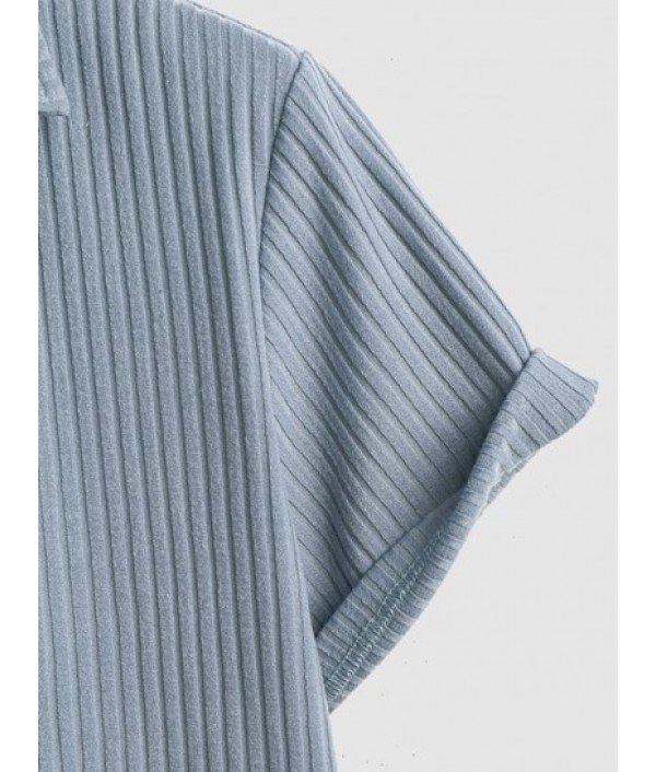 Men's Basic Minimalist Solid Color Ribbed Textured Turndown Collar Pullover Short Sleeves T-shirt And Drawstring Shorts Set