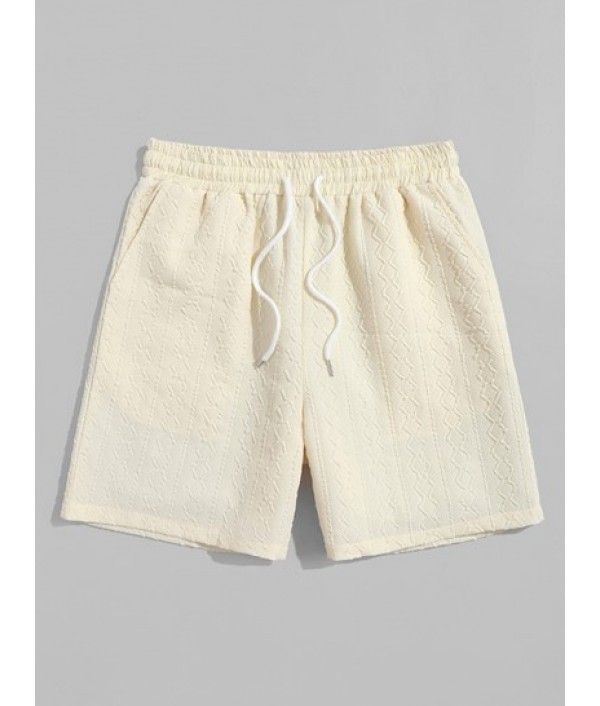 Men's Plain Color 3D Printed Raised Textured Button Front Short Sleeves Shirt And Drawstring Bermuda Shorts Set