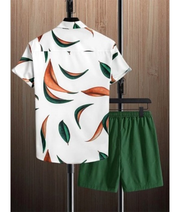 Men's Leaves Pattern Button Front Short Sleeves Shirt And Solid Color Drawstring Bermuda Shorts Vacation Beach Set Men's Leaves Pattern Button Front Short Sleeves Shirt And Solid Color Drawstring Bermuda Shorts Vacation Beach Set