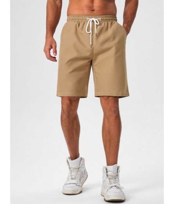 Men's Basic Color Spliced Textured Short Sleeves Polo Collar T-shirt And Solid Color Basic Drawstring Bermuda Shorts Set