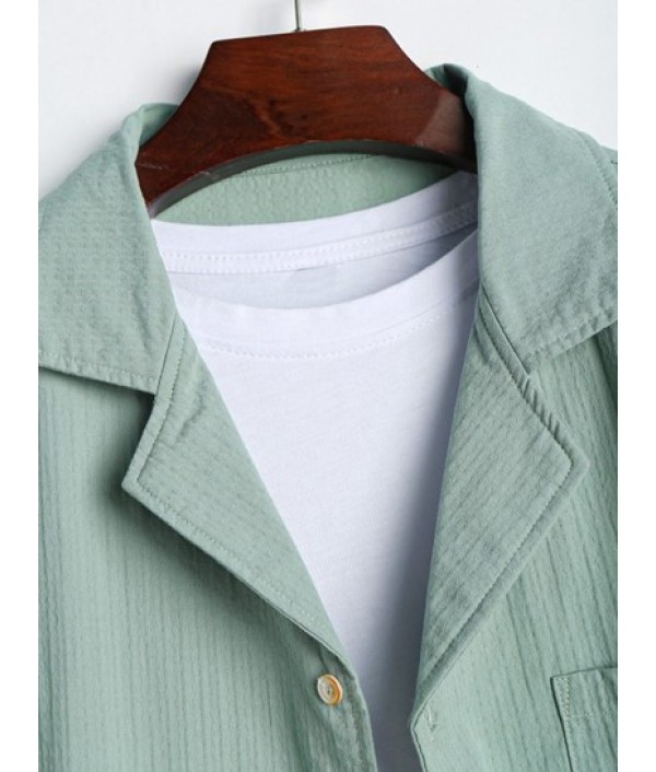 Men's Casual Co Ord Cotton And Linen Textured Front Pocket Short Sleeves Shirt With Drawstring Bermuda Shorts Set