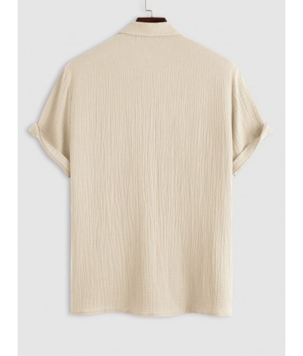 Men's Cotton And Linen Textured Wrinkle Short Sleeves Shirt And Soft Basic Drawstring Shorts Set