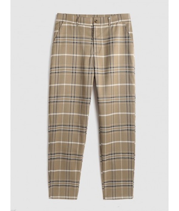 Men's Plain Color Tartan Jacquard Weave Textured Polo Collar Short Sleeves T-shirt And Plaid Pattern Zip Fly Casual Pants Two Pieces Set