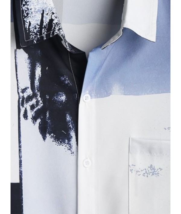 Men's Casual Colorblock Painting Print Button Up Short Sleeves Summer Vacation Shirt And Beach Drawstring Pockets Board Shorts Set Men's Casual Colorblock Painting Print Button Up Short Sleeves Summer Vacation Shirt And Beach Drawstring Pockets Board Shorts Set