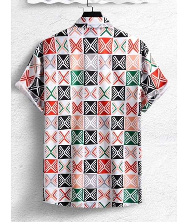 Men's Geometric Print Colorblock Casual Beach Vacation Short Sleeves Shirt And Basic Shorts Set
