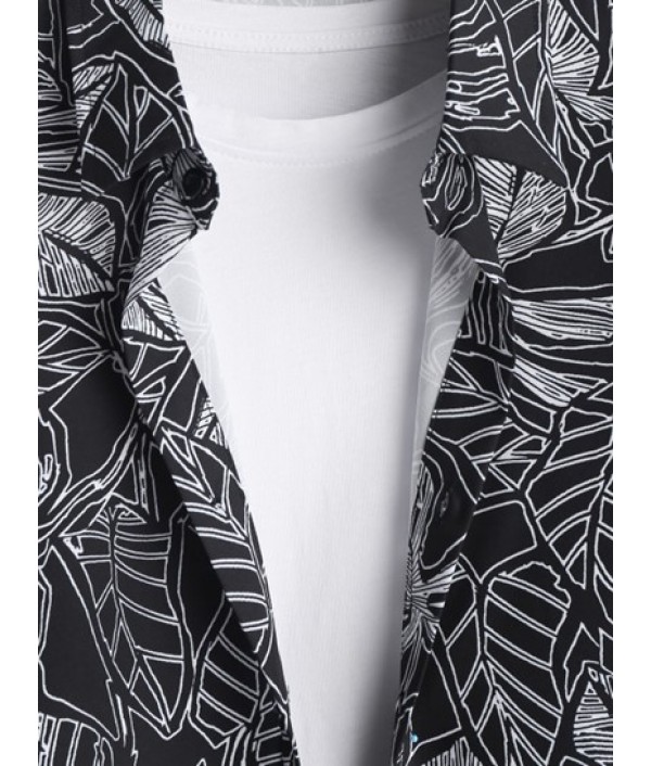 Men's Two Piece Summer Vacation Beach Leave Print Button Up Short Sleeves Shirt And Drawstring Pockets Bermuda Shorts Set Men's Two Piece Summer Vacation Beach Leave Print Button Up Short Sleeves Shirt And Drawstring Pockets Bermuda Shorts Set