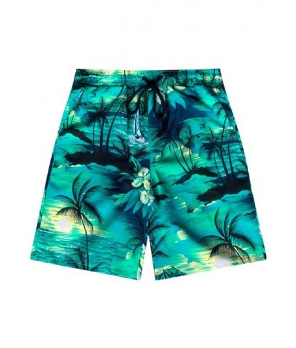 Men's Hawaiian Coconut Trees Sun Printed Button Front Short Sleeves Shirt And Drawstring Shorts Vacation Beach Set