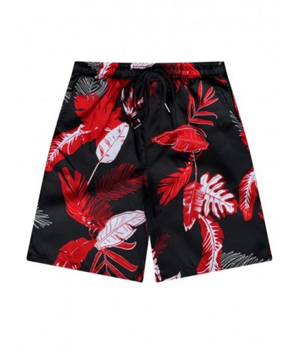 Men's Tropical Leaves Printed Button Front Short Sleeves Shirt And Drawstring Pockets Beach Shorts Hawaiian Vacation Set