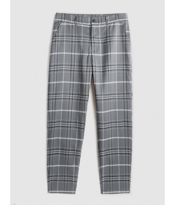 Men's Sexy Floral Jacquard See-through Lace Sheer Openwork Short Sleeves Shirt And Plaid Pattern Zip Fly Casual Pants Set