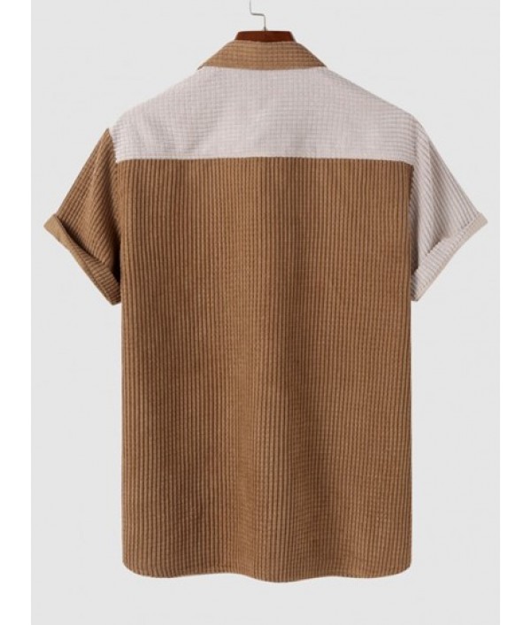 Colorblock Front Pocket Corduroy Short Sleeves Shirt And Drawstring Shorts Set Colorblock Front Pocket Corduroy Short Sleeves Shirt And Drawstring Shorts Set
