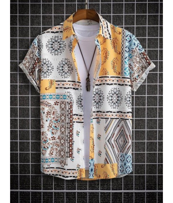 Retro Floral Print Patternblock Beach Vacation Shirt With Basic Casual Shorts Set