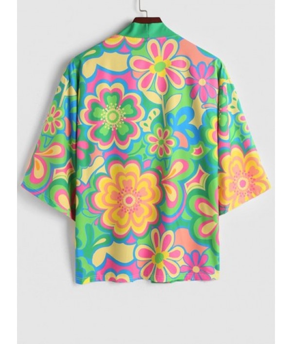 Colorful Floral Pattern Open Front Kimono With Vacation Beach Shorts Set Colorful Floral Pattern Open Front Kimono With Vacation Beach Shorts Set