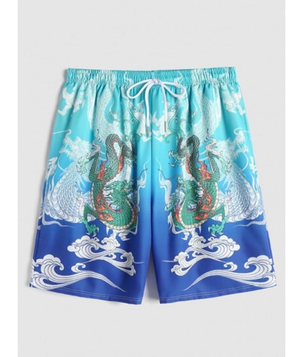 Men's Vacation Beach Co Ord Chinese Style Dragon Cloud Pattern Open Front Kimono With Drawstring Board Shorts Set