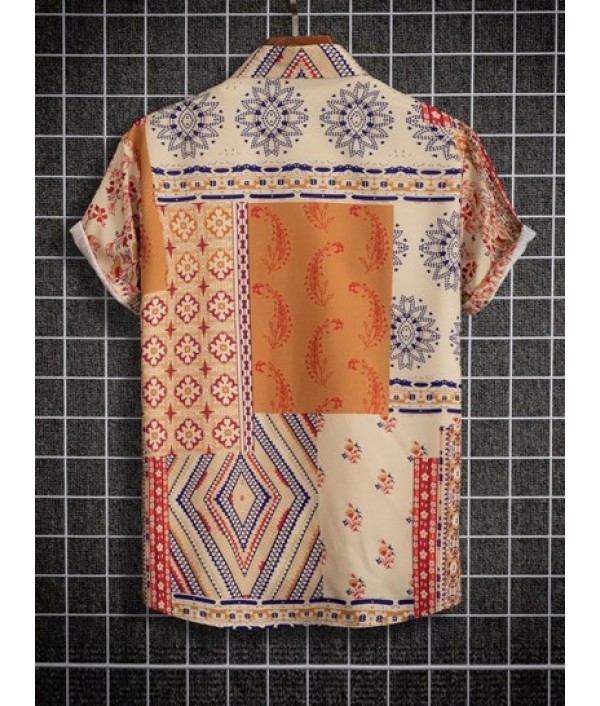 Retro Floral Print Patternblock Beach Vacation Shirt And Basic Casual Shorts Set