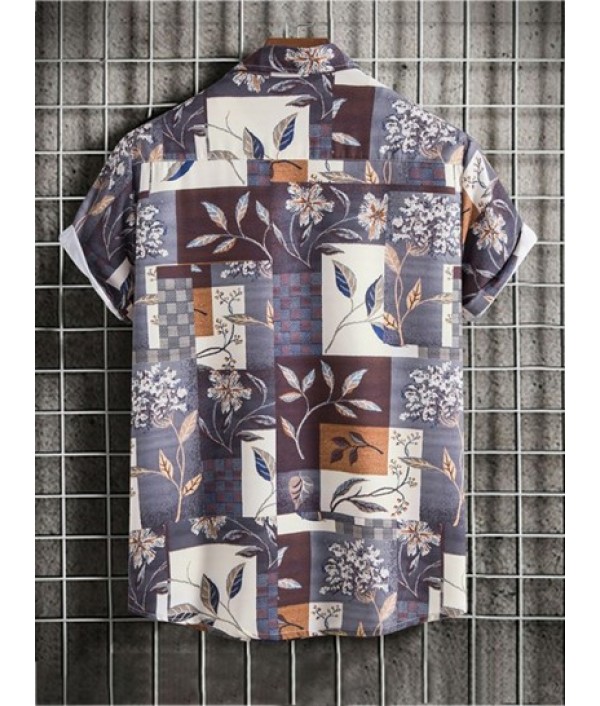 Men's Leaves Floral Plaid Printed Button Front Short Sleeves Vacation Shirt And Basic Casual Shorts Set