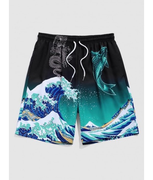 Men's Japanese Sea Wave Printed Short Sleeves Crew Neck T-shirt And Chinese Style Fish Dragon Sea Wave Printed Vacation Beach Board Shorts Set