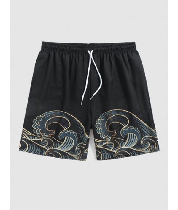 Sea Waves Print Colorblock Collar Kimono With Vacation Beach Shorts Set