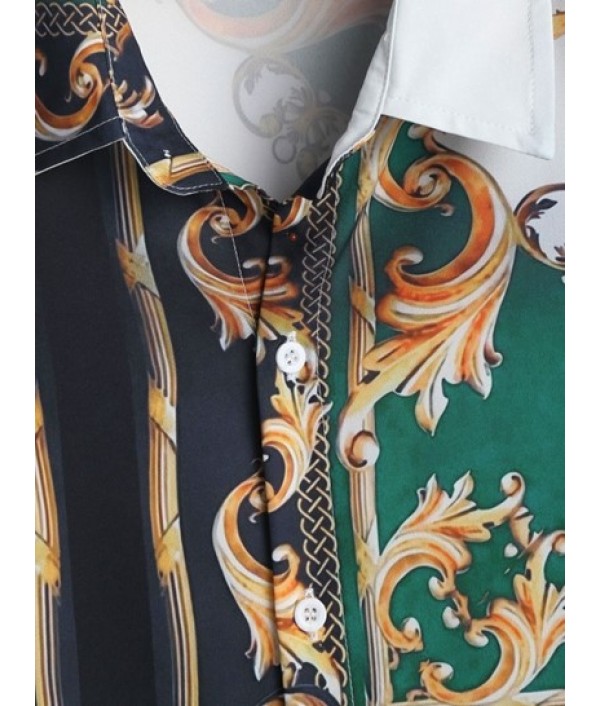 Men's Ethnic Style Printed Button Up Short Sleeves Summer Vacation Shirt And Beach Drawstring Pockets Board Shorts Set