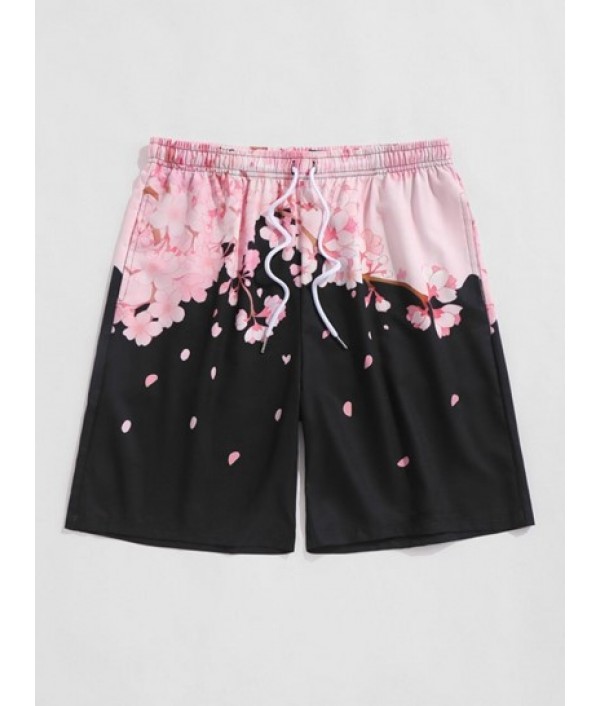 Sakura Pattern Open Front Kimono And Floral Print Pocket Beach Shorts Set