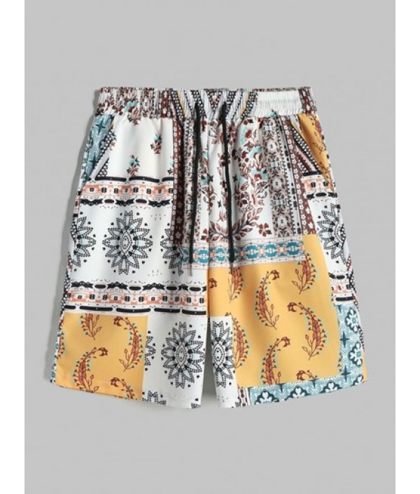 Men's Short Sleeves Retro Floral Print Pattern Block Button Front Shirt And Ethnic Style Paisley Pattern Board Shorts Beach Vacation Set