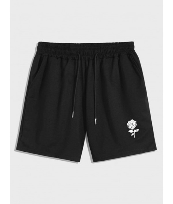 Men's Streetwear Slogan Rose Pattern Short Sleeves Shirt And Floral Pattern Drawstring Casual Shorts Set