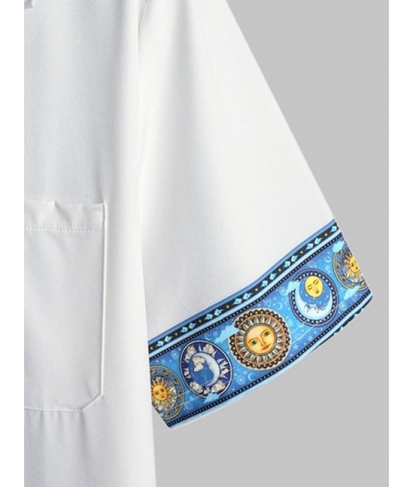 Men's Sun And Moon Galaxy Print Colorblock Lapel Collar Short Sleeves Summer Beach Vacation Shirt And Drawstring Shorts Set