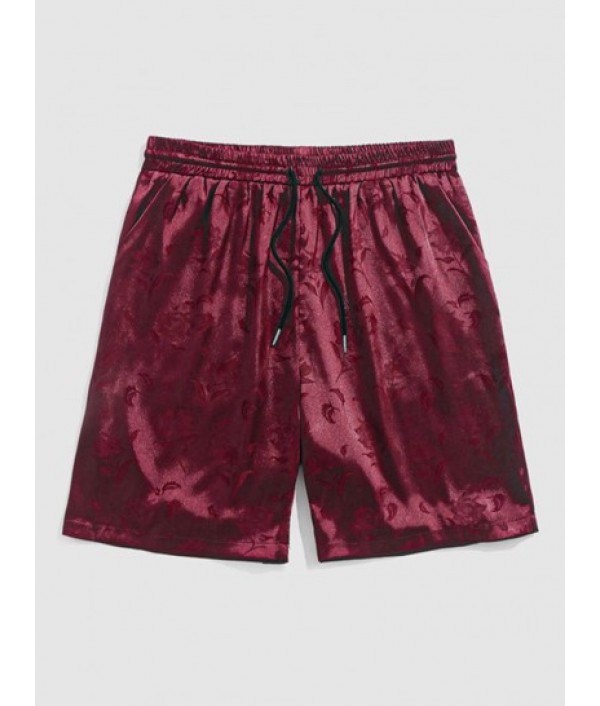 Men's Two Piece Outfits Silky Satin Rose Printed Open Front Kimono Shirt And Casual Shorts Set