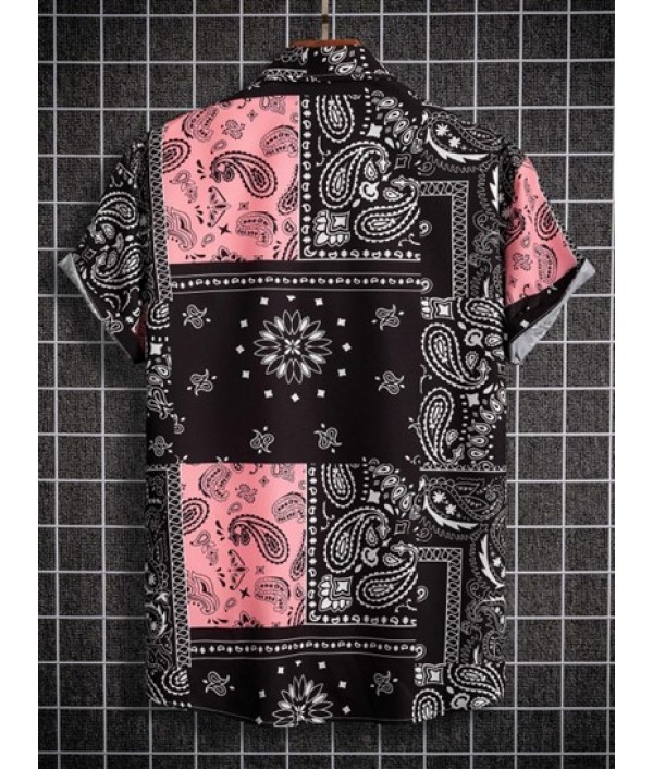 Men's Ethnic Style Paisley Floral Print Pattern Block Retro Casual Short Sleeves Shirt And Vacation Drawstring Board Shorts Set