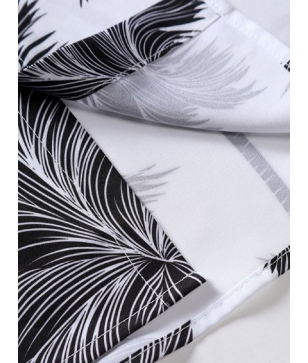 Men's Tropical Print Hawaiian Summer Beach Vacation Set Plant Coconut Tree Short Sleeve Button Shirt And Solid Label Design Drawstring Shorts