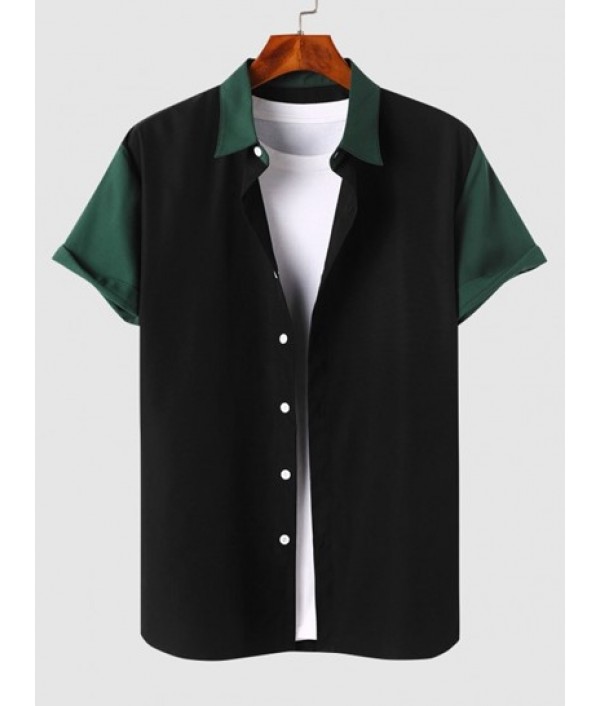 Short Sleeves Colorblock Shirt With Drawstring Shorts Two Piece Set