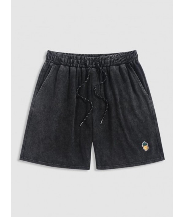 Men's Retro Washed Casual ALASAK USA Letter Eagle Graphic Drop Shoulder Short Sleeves 100% Cotton T Shirt And Pineapple Embroidered Applique Design Drawstring Casual Shorts Set