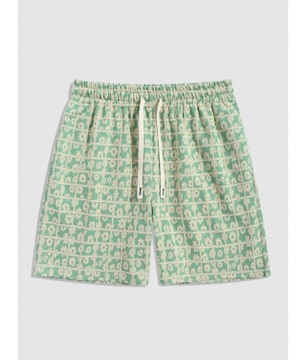 Men's Casual Athleisure Floral Checks Jacquard Textured Crew Neck Short Sleeves T Shirt Drawstring Shorts Two Piece Set