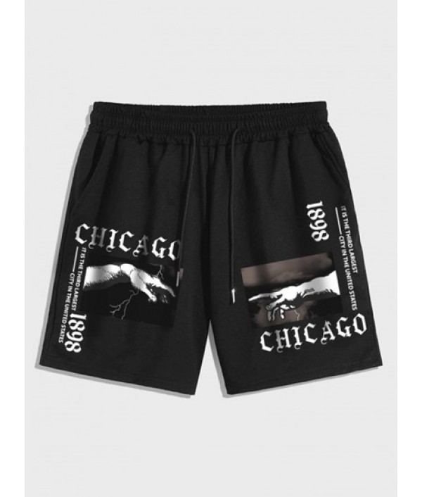Men's Casual Vintage Gothic Letter CHICAGO Gesture Graphic Printed Short Sleeves T-shirt And Drawstring Shorts Set Men's Casual Vintage Gothic Letter CHICAGO Gesture Graphic Printed Short Sleeves T-shirt And Drawstring Shorts Set