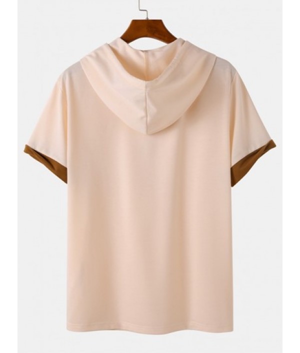 Color Spliced Rose Printed Hooded T-shirt And Japanese Printed Drawstring Shorts Set Color Spliced Rose Printed Hooded T-shirt And Japanese Printed Drawstring Shorts Set