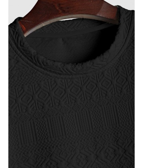 Men's Vintage Geometric Textured Jacquard Round Neck Short Sleeves T-shirt And Drawstring Bermuda Shorts Basic Set