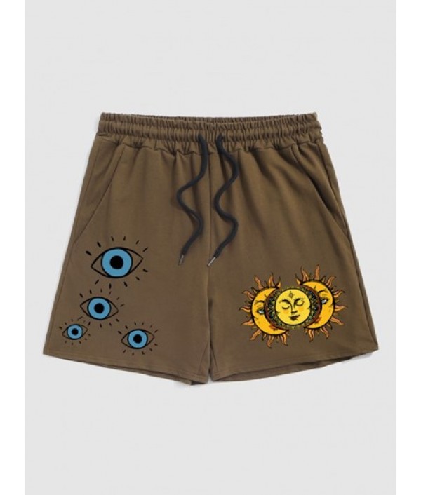 Men's Letter Cactus Graphic Pattern Short Sleeves T-shirt And Vintage Sun And Eye Print Sweat Shorts Set Men's Letter Cactus Graphic Pattern Short Sleeves T-shirt And Vintage Sun And Eye Print Sweat Shorts Set