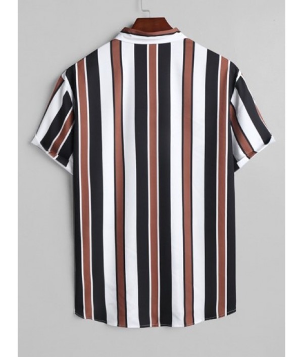 Men's Daily Casual Mix And Match Two Piece Set Vertical Stripes Button Up Short Sleeve Shirt With Drawstring Bermuda Shorts Set Men's Daily Casual Mix And Match Two Piece Set Vertical Stripes Button Up Short Sleeve Shirt With Drawstring Bermuda Shorts Set