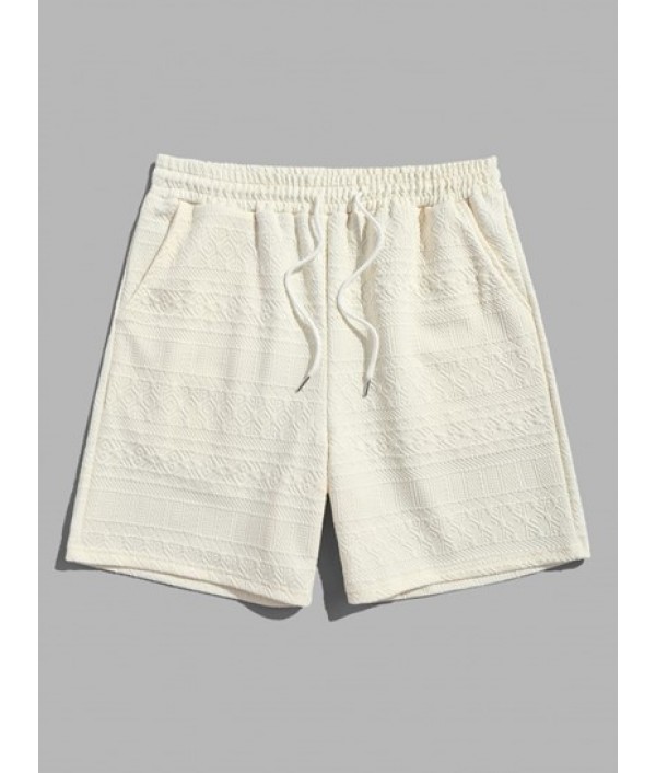 Geometric Retro Jacquard Textured Quarter Button Short Sleeves Polo Collared T Shirt And Shorts Set Geometric Retro Jacquard Textured Quarter Button Short Sleeves Polo Collared T Shirt And Shorts Set